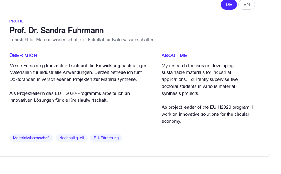 Personenprofil mit DE/EN-Switcher