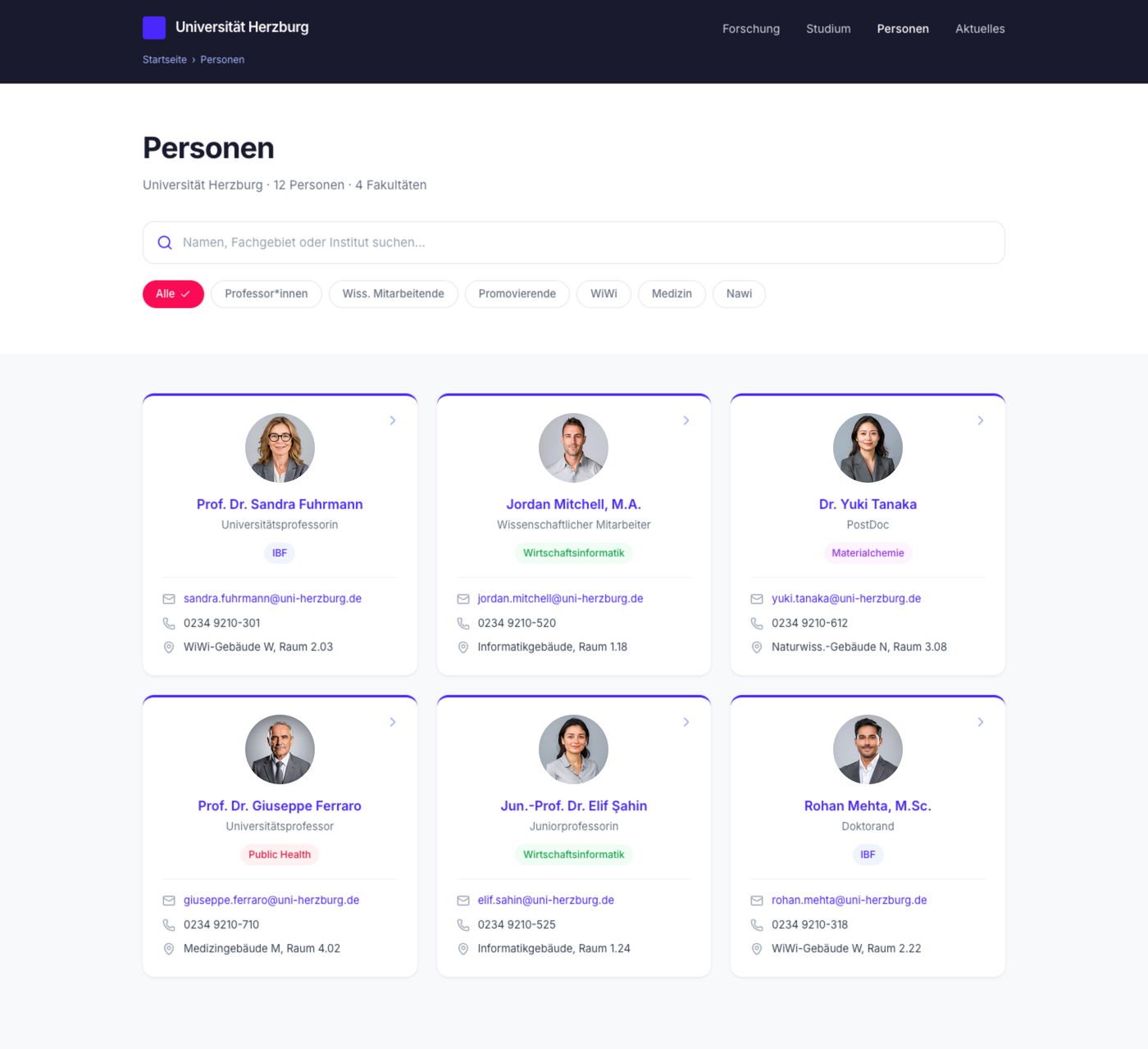 HIO-Publisher Personenverzeichnis: Personensuche mit Foto, Funktion, Kontaktdaten und alphabetischer Navigation