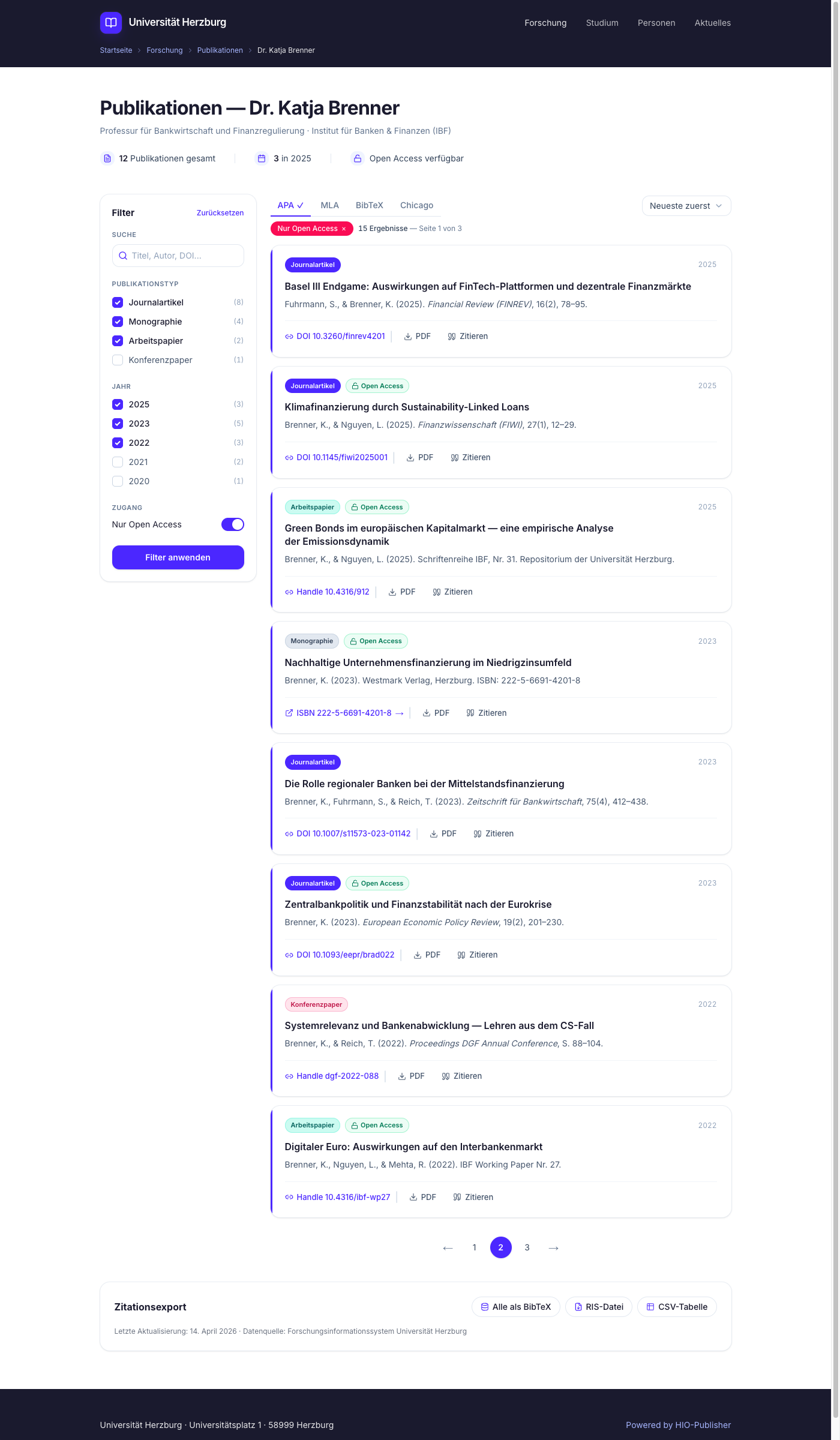 HIO-Publisher Publikationsansicht: Publikationsliste mit Zitationsstil-Auswahl, Volltext-Links und Filteroptionen