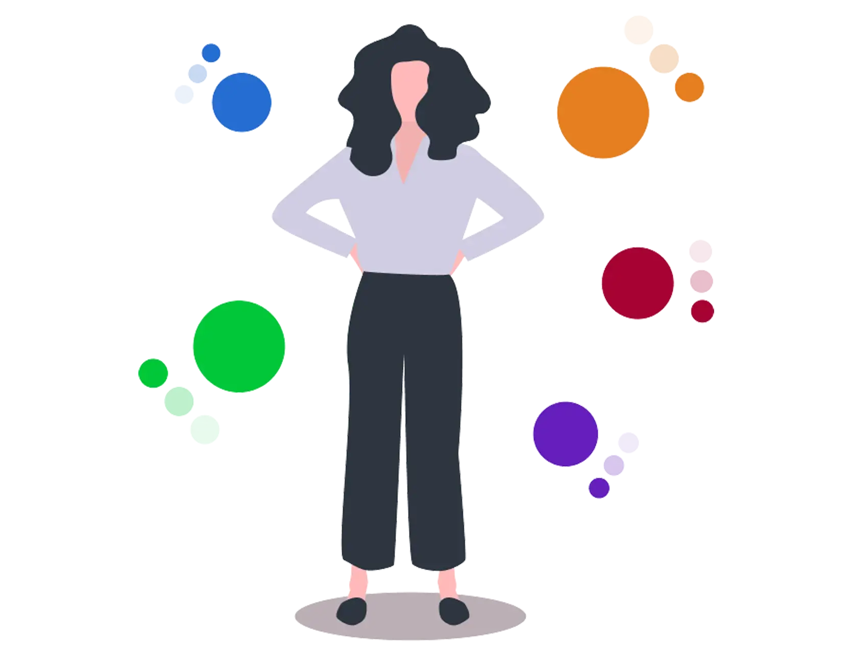 Illustration einer Frau die von verschieden farbigen Punkten umgeben ist Illustration einer Frau die von verschieden farbigen Punkten umgeben ist