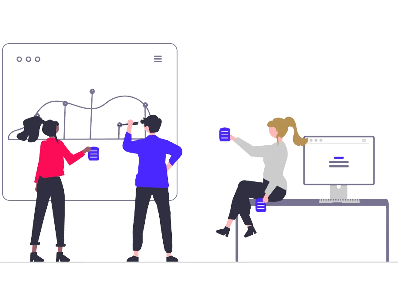 Illustration von drei Personen, die eine Grafik analysieren und verschiedene Daten zusammentragen Illustration von drei Personen, die eine Grafik analysieren und verschiedene Daten zusammentragen