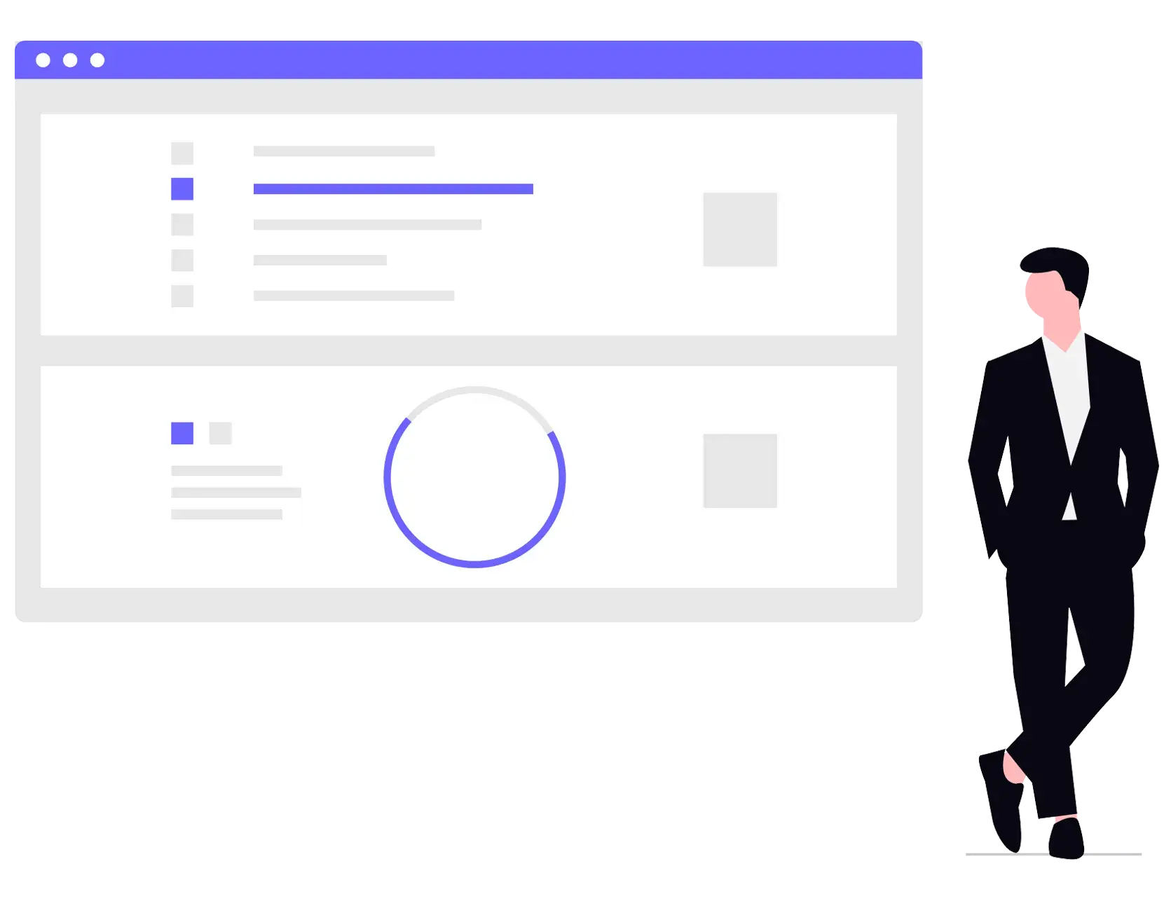 Eine Illustration von einem Mann im Anzug, der entspannt neben einer Website steht, auf der Prozesse automatisch ablaufen
