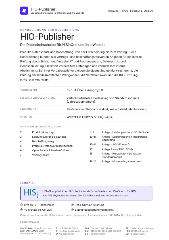 Seite 1: Deckblatt. Die Handreichung bündelt alle vertrags- und beschaffungsrelevanten Angaben zum HIO-Publisher für die interne Prüfung durch Einkauf und Vergabe, IT und Rechenzentrum, Datenschutz und Hochschulleitung. Marktrecherche, Wertgrenzenprüfung, Verfahrenswahl und die BITV-Prüfung des Gesamtauftritts verbleiben bei Ihrer Vergabestelle.