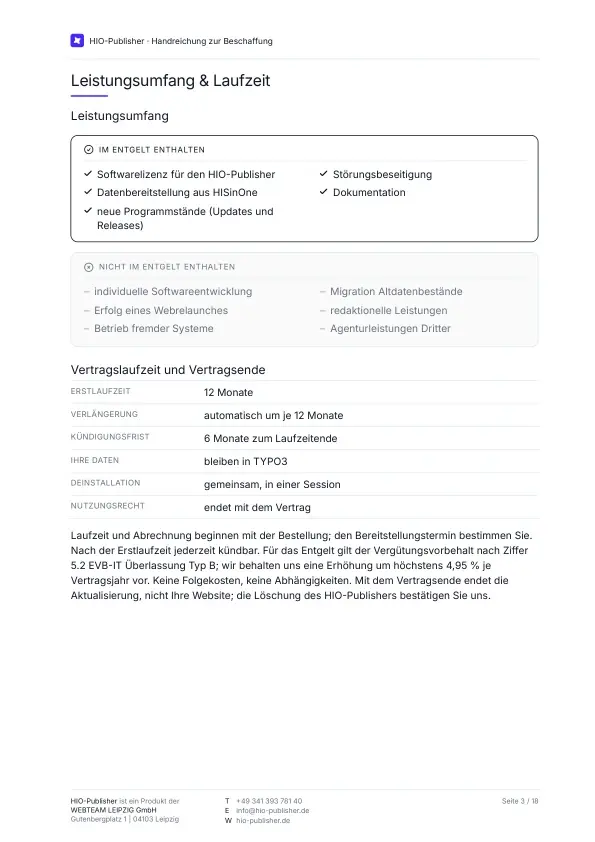 Seite 3: Leistungsumfang & Laufzeit. Was im Entgelt enthalten ist und was nicht, gegenübergestellt. Die Erstlaufzeit beträgt zwölf Monate und verlängert sich automatisch um je zwölf Monate, die Kündigungsfrist liegt bei sechs Monaten zum Laufzeitende. Ihre Daten bleiben in TYPO3, das Nutzungsrecht endet mit dem Vertrag.