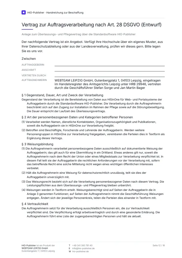 Seite 12: Anlage · AVV (Entwurf). Der Auftragsverarbeitungsvertrag nach Art. 28 DSGVO im Volltext, als Entwurf gekennzeichnet und mit Unterschriftenfeldern. Verfügt Ihre Hochschule über ein eigenes Muster, prüfen wir dieses gern. Die ersten Paragrafen regeln Gegenstand und Dauer, die Datenarten und Personenkategorien, die Weisungsbindung und die Vertraulichkeit.