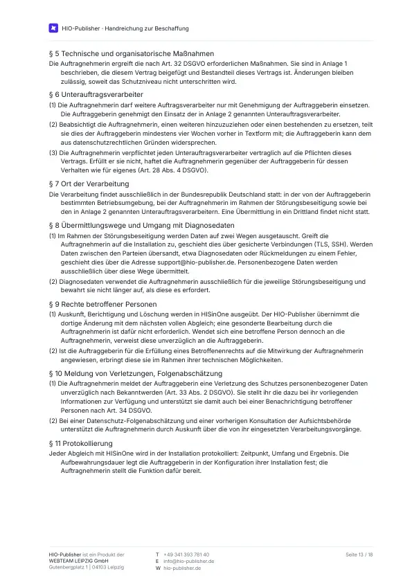 Seite 13: Anlage · AVV (Entwurf). Die mittleren Paragrafen des Vertrags: technisch-organisatorische Maßnahmen, Unterauftragsverarbeiter samt Genehmigung und Widerspruchsrecht, Ort der Verarbeitung, Übermittlungswege und Diagnosedaten, Rechte betroffener Personen, Meldung von Verletzungen und Protokollierung.