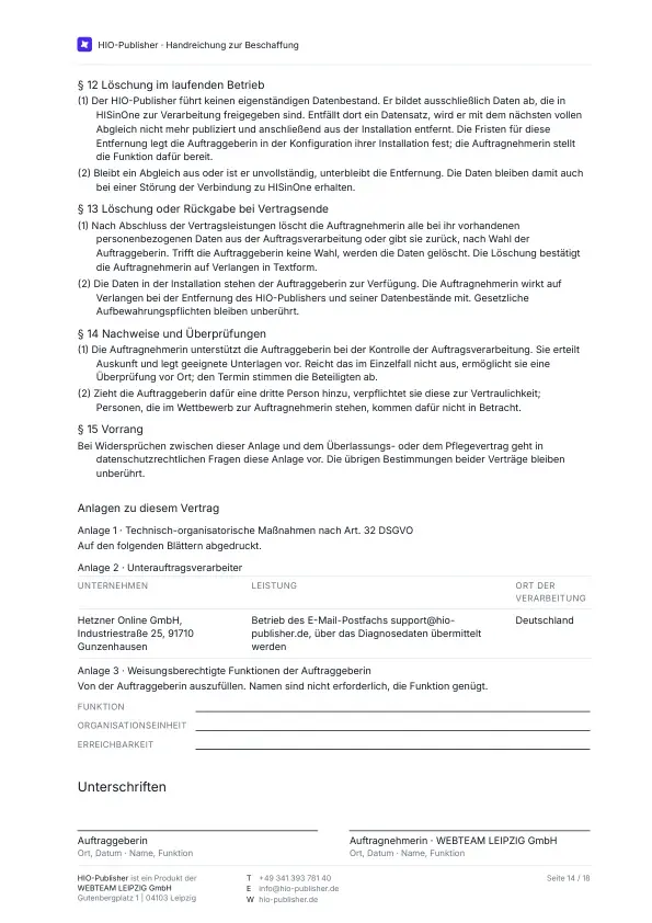 Seite 14: Anlage · AVV (Entwurf). Die letzten Paragrafen und der Abschluss des Vertrags: Löschung im laufenden Betrieb, Löschung oder Rückgabe bei Vertragsende, Nachweise und Überprüfungen sowie der Vorrang in datenschutzrechtlichen Fragen. Darunter die drei Anlagen mit dem benannten Unterauftragsverarbeiter und die Unterschriftenfelder.
