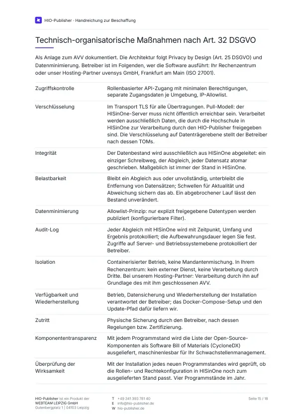 Seite 15: Anlage 1 zum AVV · TOMs. Die technisch-organisatorischen Maßnahmen nach Art. 32 DSGVO, Anlage 1 zum Auftragsverarbeitungsvertrag. Elf Maßnahmen von der Zugriffskontrolle über Verschlüsselung, Integrität und Belastbarkeit bis zur Überprüfung der Wirksamkeit. Die Architektur folgt Privacy by Design und Datenminimierung.
