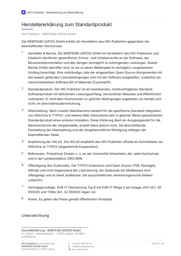 Seite 16: Anlage · Herstellererklärung zum Standardprodukt. Die Herstellererklärung zum Standardprodukt, gezeichnet von der WEBTEAM LEIPZIG GmbH. Sie benennt die Inhaberschaft der Schutz- und Urheberrechte, die Einordnung als bestehendes Standardprodukt und die Zusage einer vollständigen Liste der eingesetzten Open-Source-Komponenten mit ihren Lizenzbedingungen.