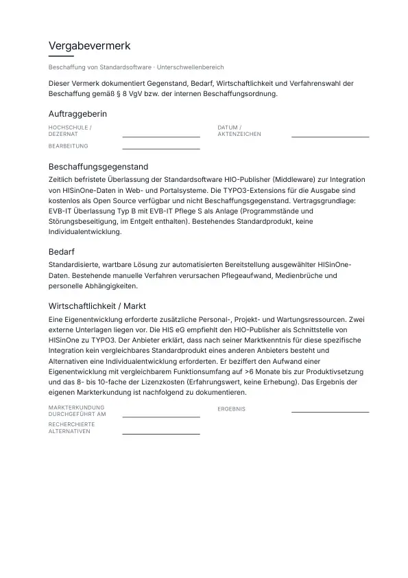 Seite 17: Anlage · Muster-Vergabevermerk. Der Muster-Vergabevermerk als Vorlage zum Ausfüllen, blanko und ohne unsere Marke. Er dokumentiert Gegenstand, Bedarf, Wirtschaftlichkeit und Verfahrenswahl nach § 8 VgV beziehungsweise Ihrer internen Beschaffungsordnung.