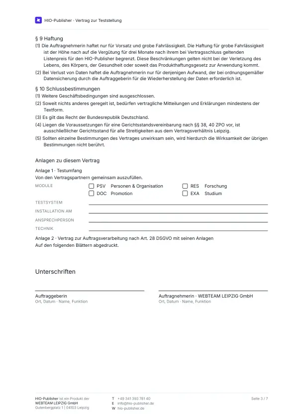 Seite 3: Teststellung. Haftung und Schlussbestimmungen, Ihre Module und Ansprechpersonen, die Unterschriftenfelder.