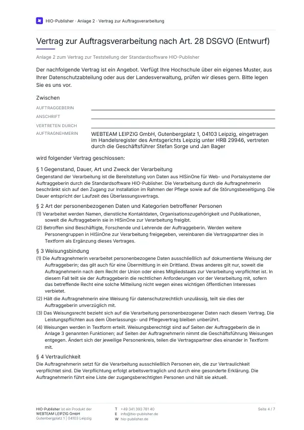Seite 4: Datenschutz. Die Auftragsverarbeitung nach Art. 28 DSGVO, dieselbe wie beim Kauf: welche Daten, welche Personengruppen, Weisungen und Vertraulichkeit.