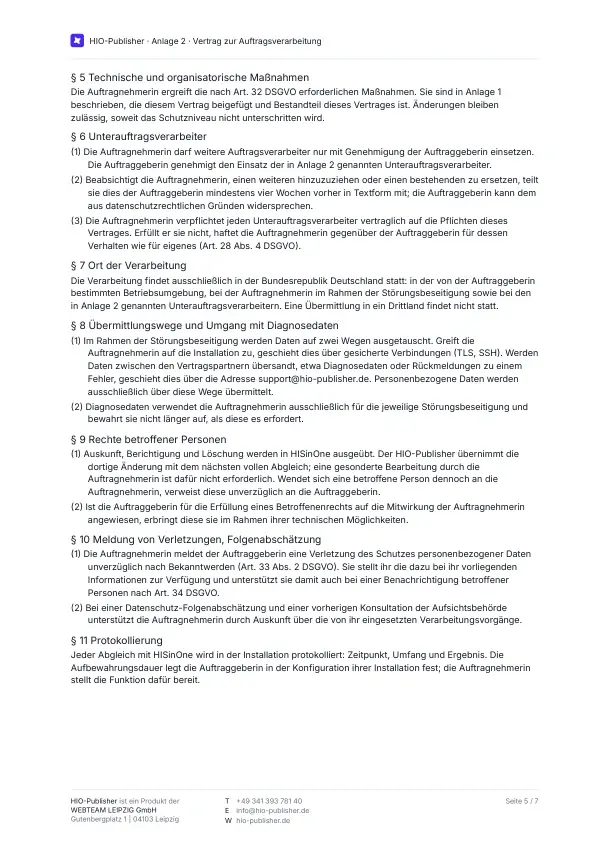 Seite 5: Datenschutz. Schutzmaßnahmen, Unterauftragsverarbeiter, Ort der Verarbeitung, Rechte betroffener Personen und Meldung von Verletzungen.