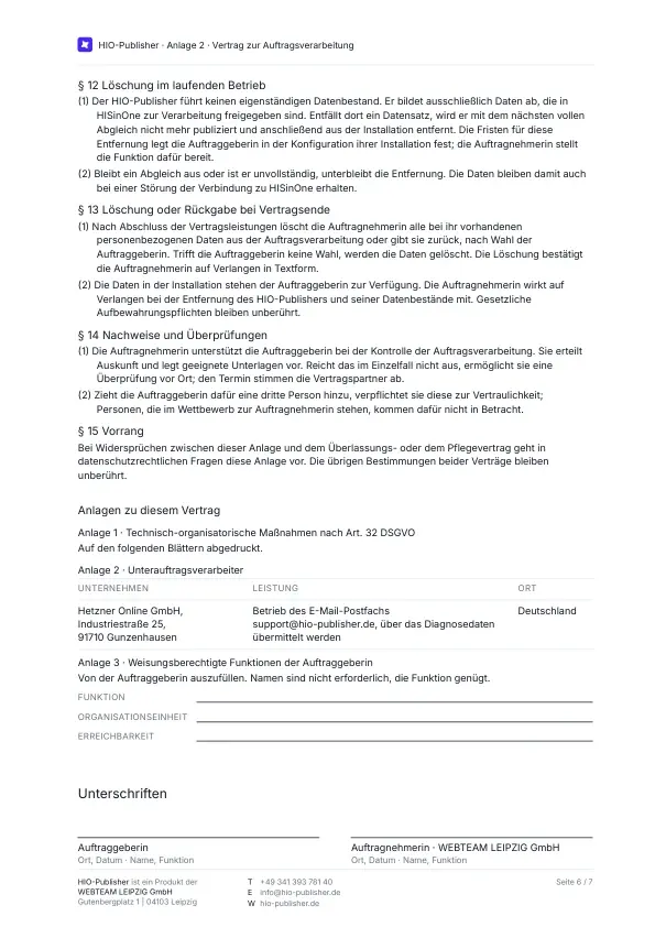 Seite 6: Datenschutz. Löschung, Nachweise und Überprüfungen, die Unterschriftenfelder.