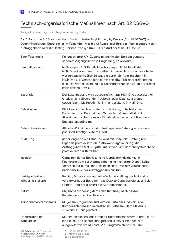Seite 7: Technische und organisatorische Maßnahmen. Wie der HIO-Publisher Ihre Daten schützt, nach Art. 32 DSGVO.